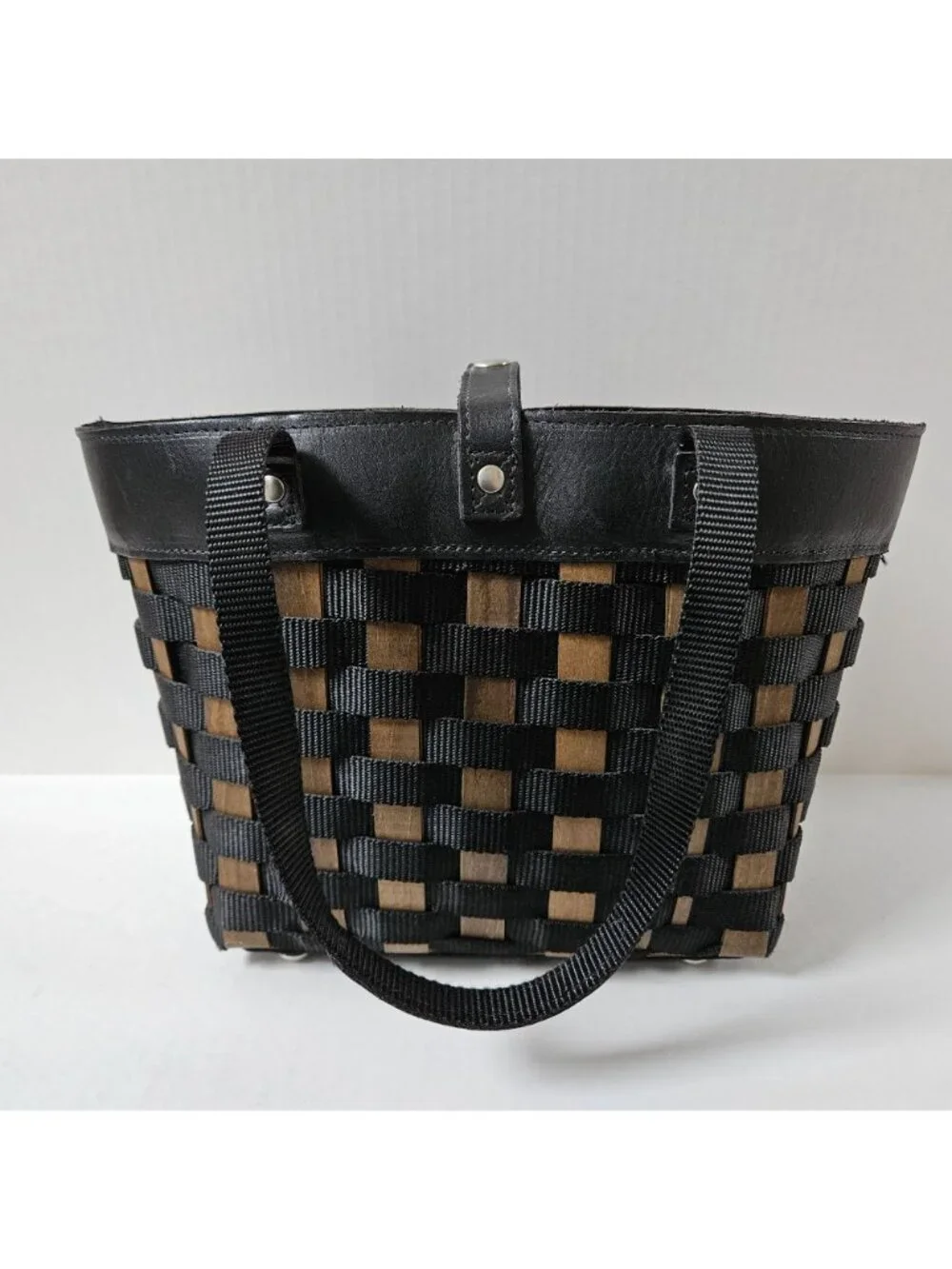 Longaberger To Go Small Shopping Tote Basket Black Woven Nylon Leather Purse Bag